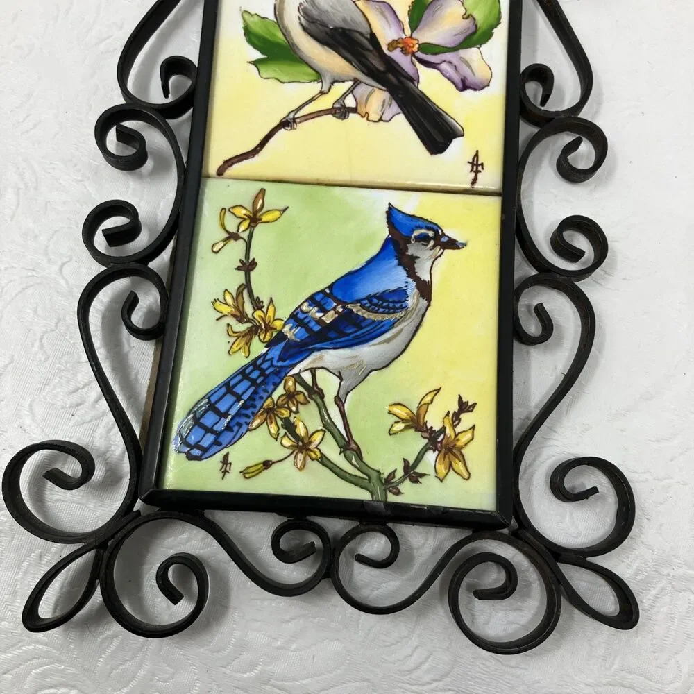 Vintage 1962 Cast Iron Trivet Seattle World Fair Bird Tiles Spain Signed